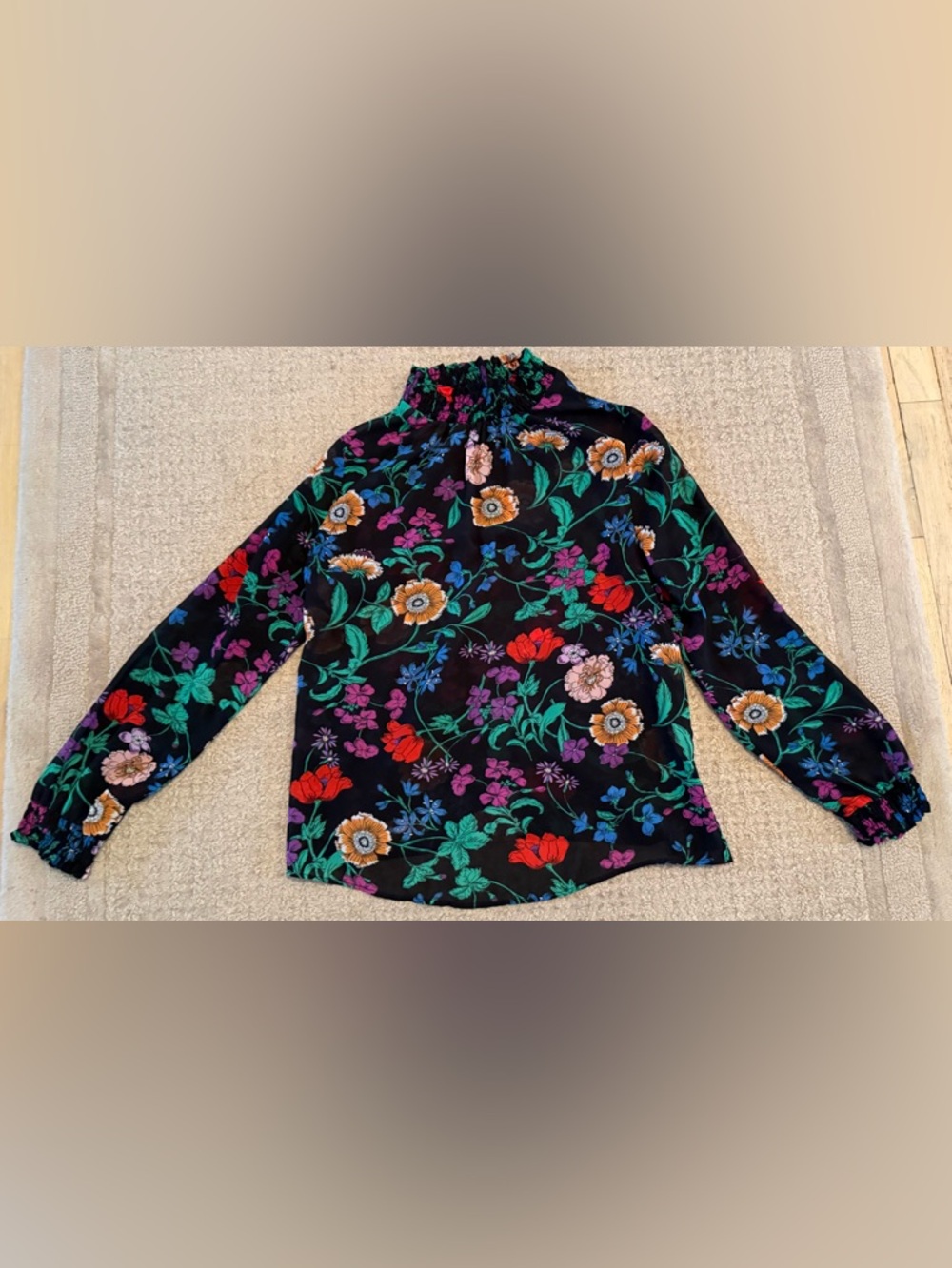 New Look Floral Blouse US 6 Black Sheer Long Sleeve High Neck shirt Top